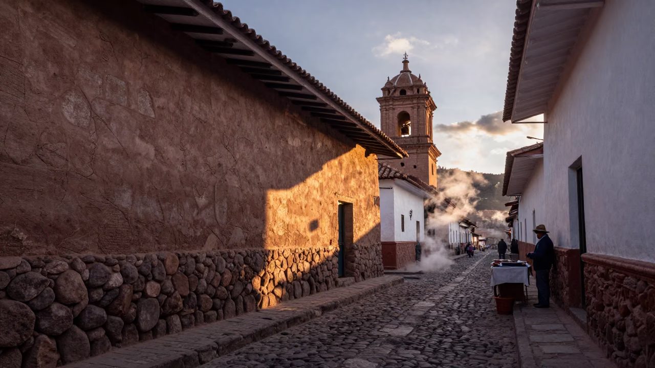 Dawn Light on Colonial Cusco Street with Steam from Street Vendor and Local Passerby in in Cusco, Peru
