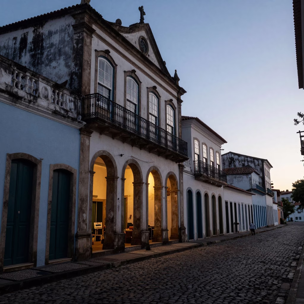 Dawn light on colonial facade in Salvador Brazil street scene before sunrise in in Salvador, Brazil