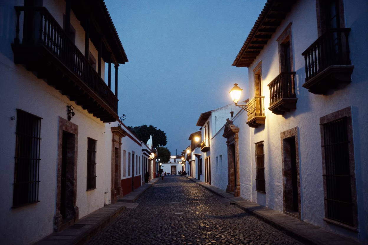 Dawn Light on Colonial Facades and Street Lamps in Merida Mexico in in Merida, Mexico