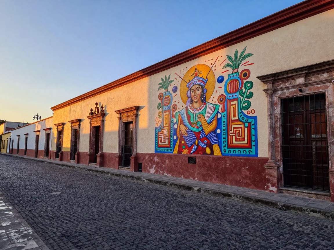 Dawn Light on Colonial Oaxaca Street with Mural Art and Morning Mist in in Oaxaca, Mexico