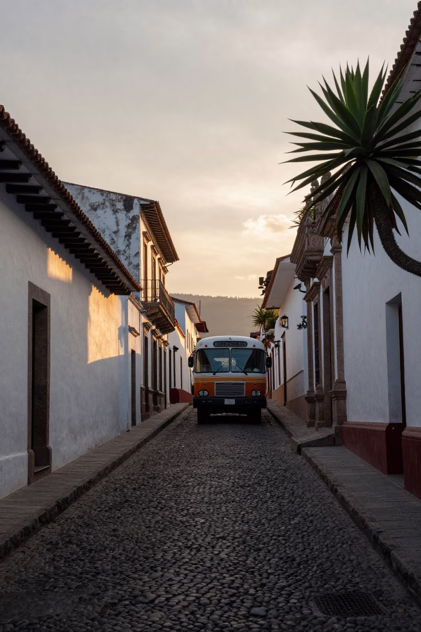 Dawn Light on Colonial Quito Street with Echeveria and Vintage Bus in in Quito, Ecuador
