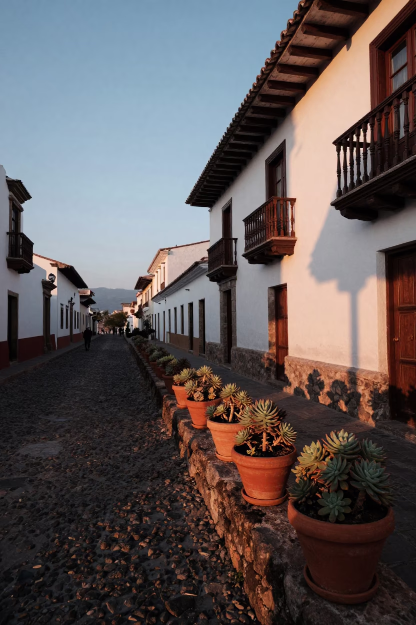 Dawn light on colonial Quito street with terracotta succulents and local morning routine in in Quito, Ecuador
