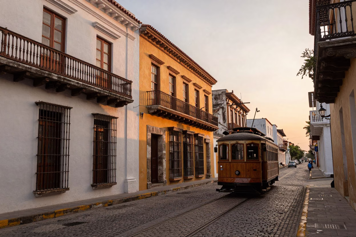 Dawn Light on Colonial Street in Cartagena Colombia with Vintage Tram and Morning Activity in in Cartagena, Colombia