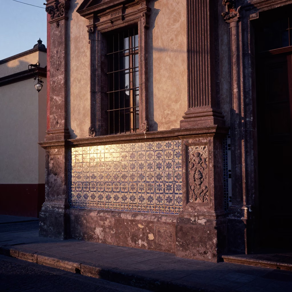 Dawn light on colonial tile Mexico City street scene before sunrise in in Mexico City, Mexico