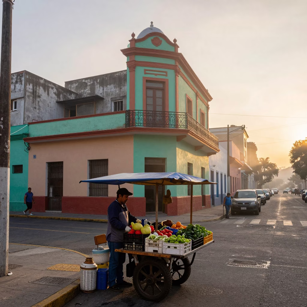 Dawn light on colorful Buenos Aires street corner with vendor and produce in in Buenos Aires, Argentina