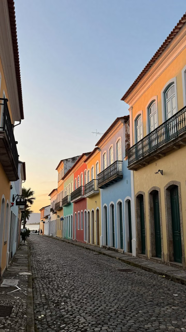 Dawn light on colorful colonial facades in historic Pelourinho Salvador Brazil street scene in in Salvador, Brazil