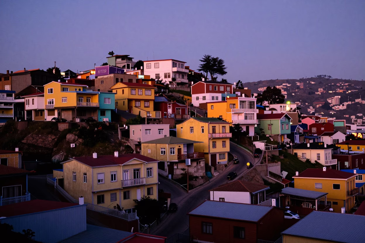 Dawn Light on Colorful Hillside Houses in Valparaiso Chile Before Sunrise in in Valparaiso, Chile