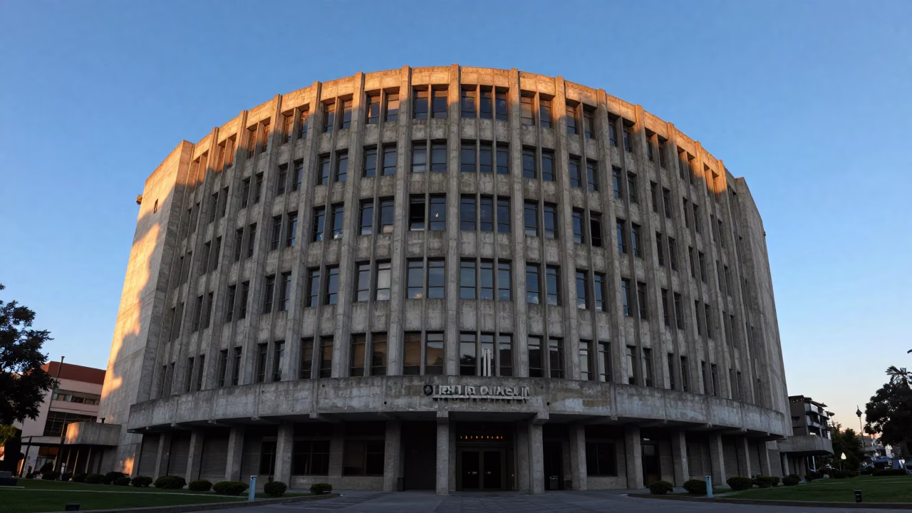 Dawn Light on Concrete Brutalist University Building in Mexico City with Woven Baskets in in Mexico City, Mexico