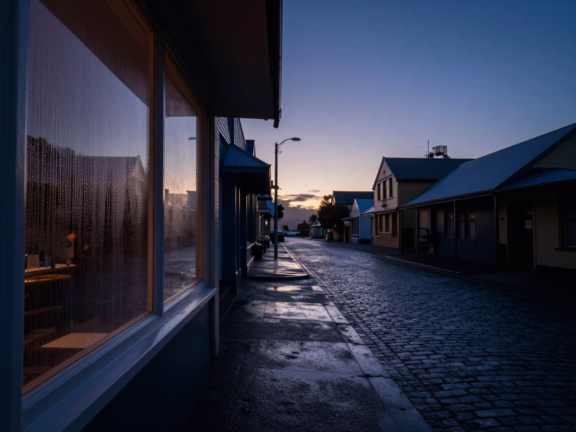 Dawn Light on Condensation and Wet Cobblestones in Hobart Tasmania in in Hobart, Tasmania, Australia