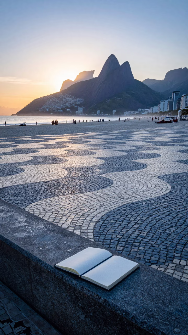 Dawn Light on Copacabana Pavement with Water Rings and Sketchbook Near Beach in in Rio de Janeiro, Brazil