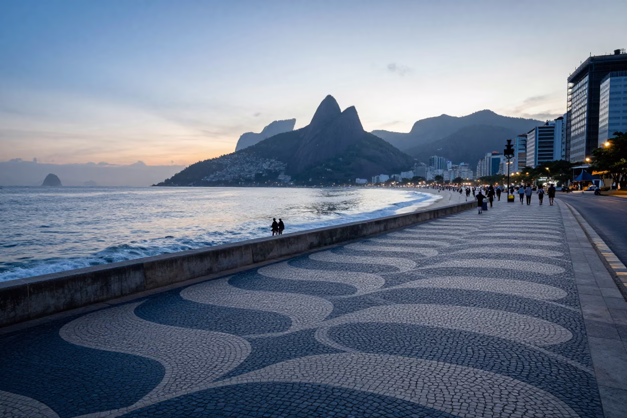 Dawn Light on Copacabana Promenade Construction Site with Rebar Bundles in Rio de Janeiro in in Rio de Janeiro, Brazil