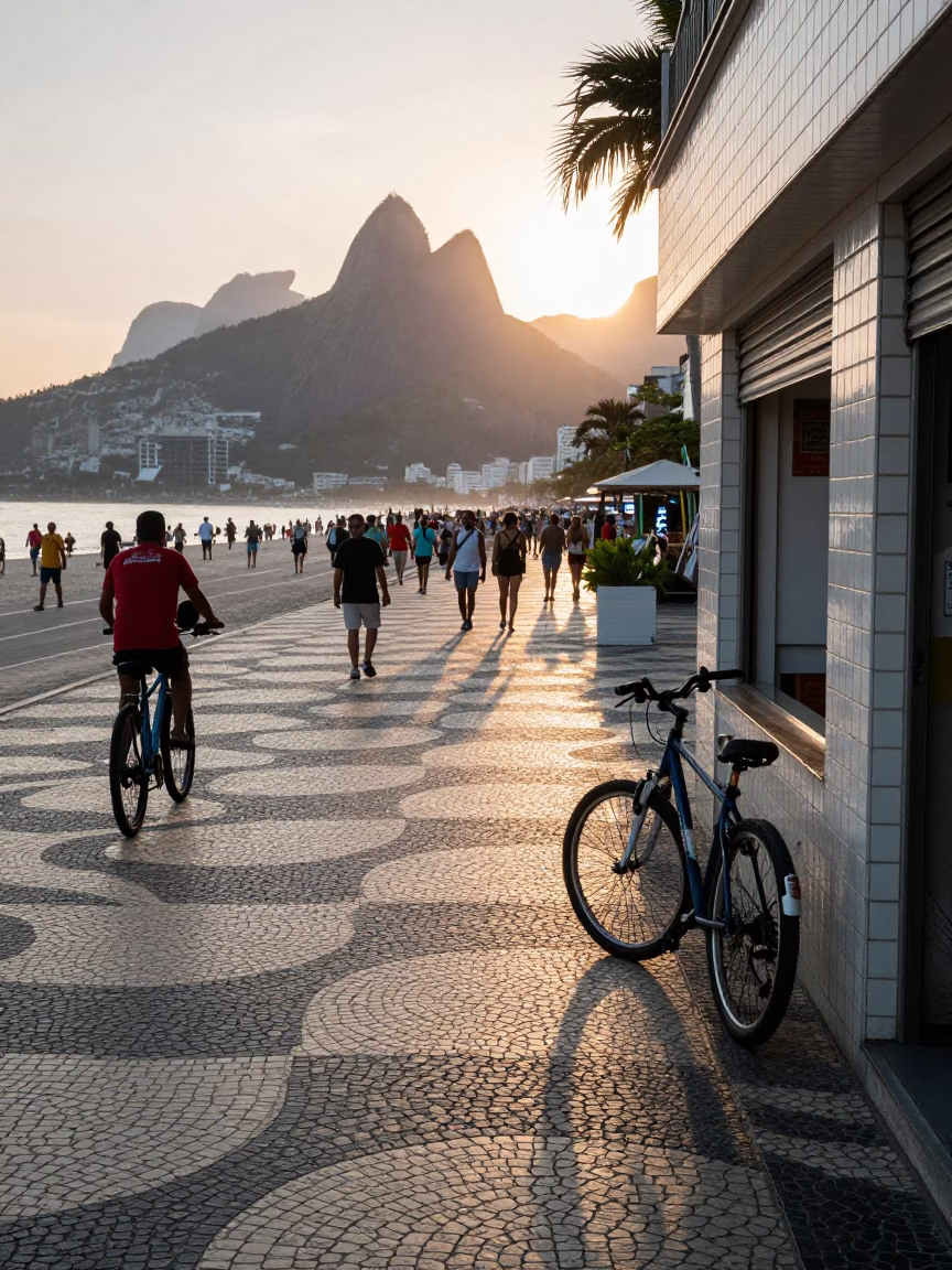 Dawn Light on Copacabana Promenade with Bicycle and Bakery in in Rio de Janeiro, Brazil