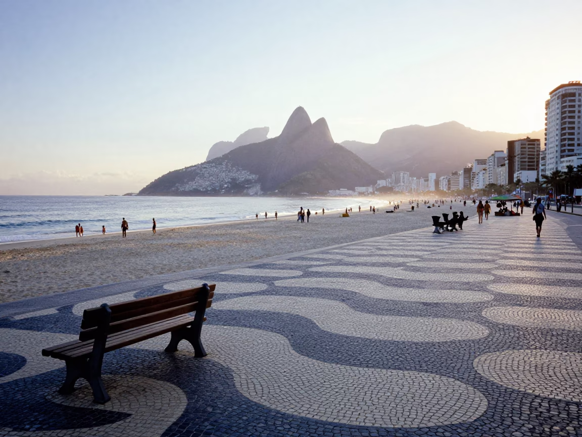 Dawn Light on Copacabana Promenade with Wooden Work Stool and Coffee Mug in in Rio de Janeiro, Brazil