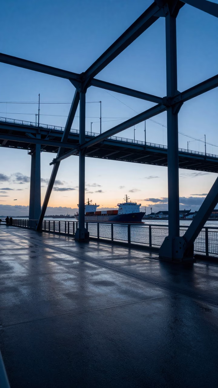 Dawn Light on Copenhagen Harbor Bridge with Cargo Ship Horizon and Urban Street Details in in Copenhagen, Denmark