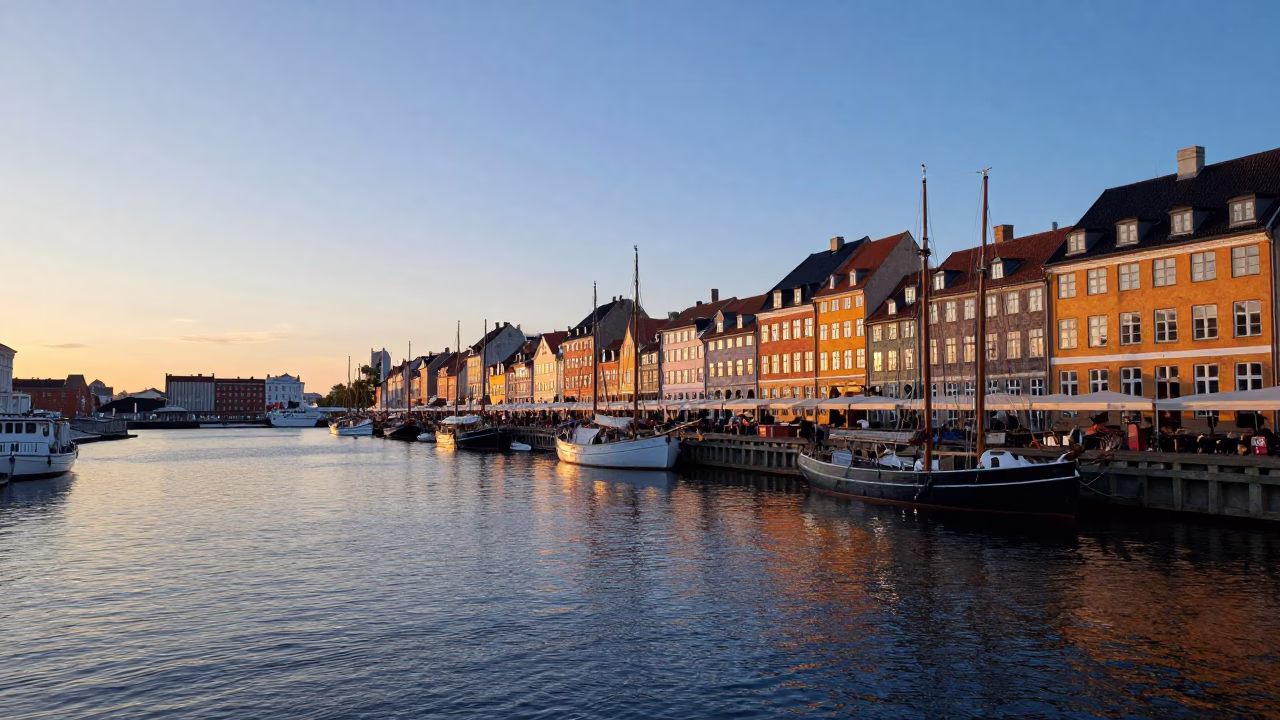 Dawn Light on Copenhagen Harbor Waterfront with Traditional Sailboats and City Skyline in in Copenhagen, Denmark