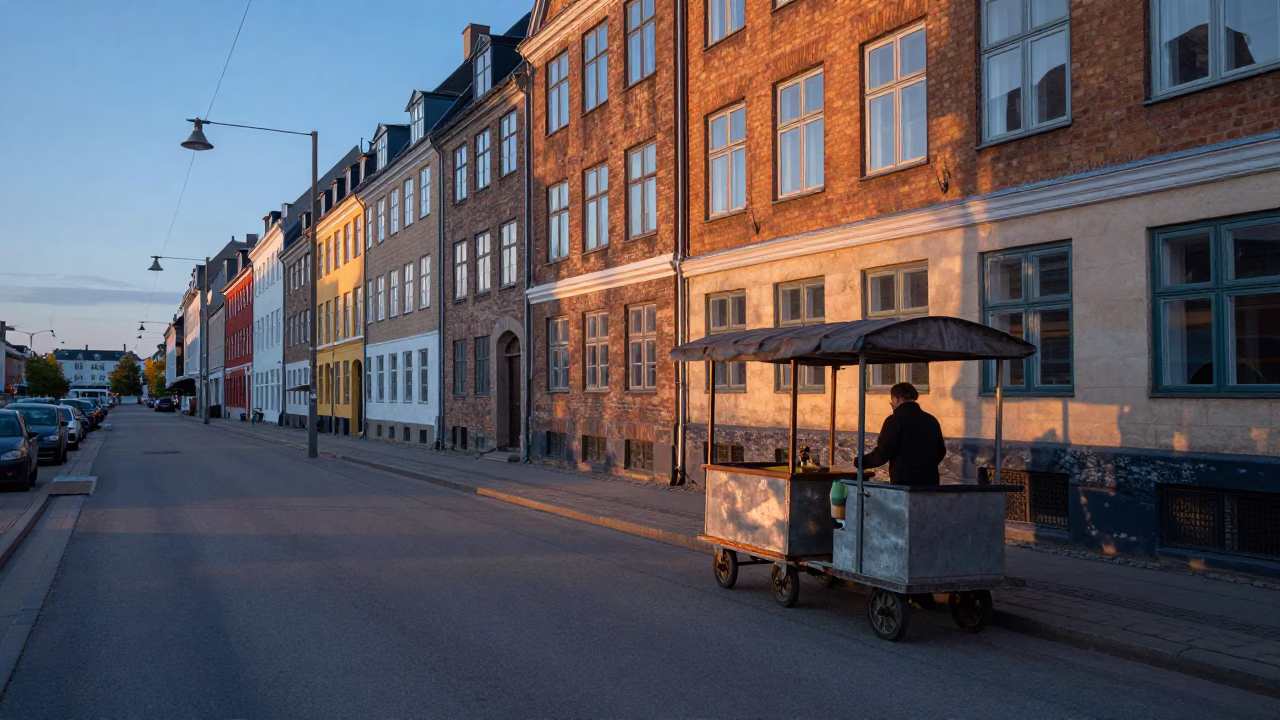 Dawn Light on Copenhagen Street with Rolling Carts and Folding Tables in in Copenhagen, Denmark