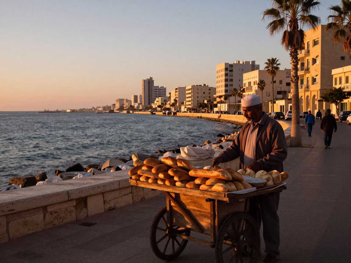 Dawn Light on Corniche Alexandria Egypt Street Scene with Local Vendor in in Alexandria, Egypt