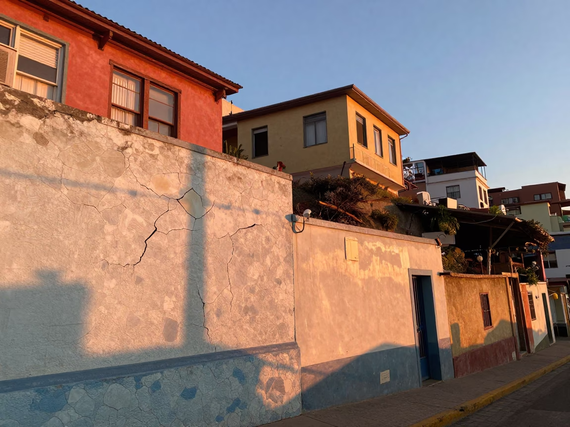 Dawn Light on Cracked Stucco Walls of Valparaiso Chile Street Scene in in Valparaiso, Chile