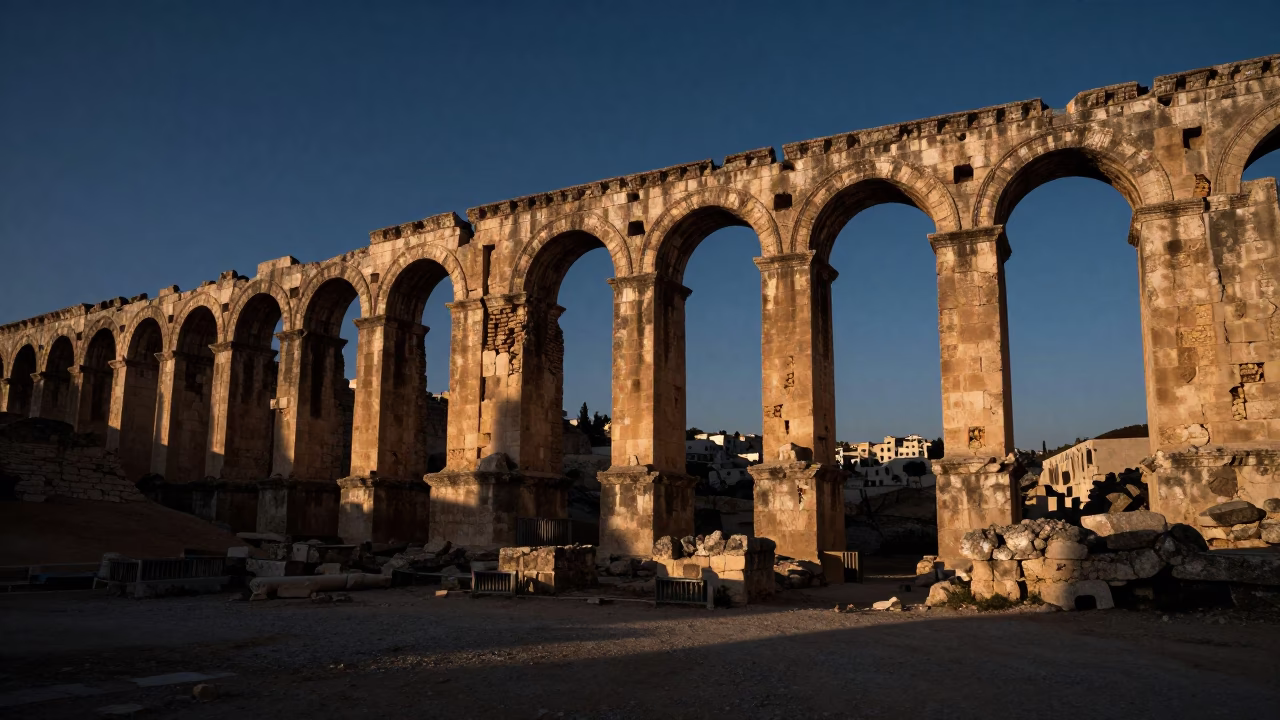 Dawn Light on Crumbling Stone Aqueduct Over Dry River Valley in Amman Jordan in in Amman, Jordan