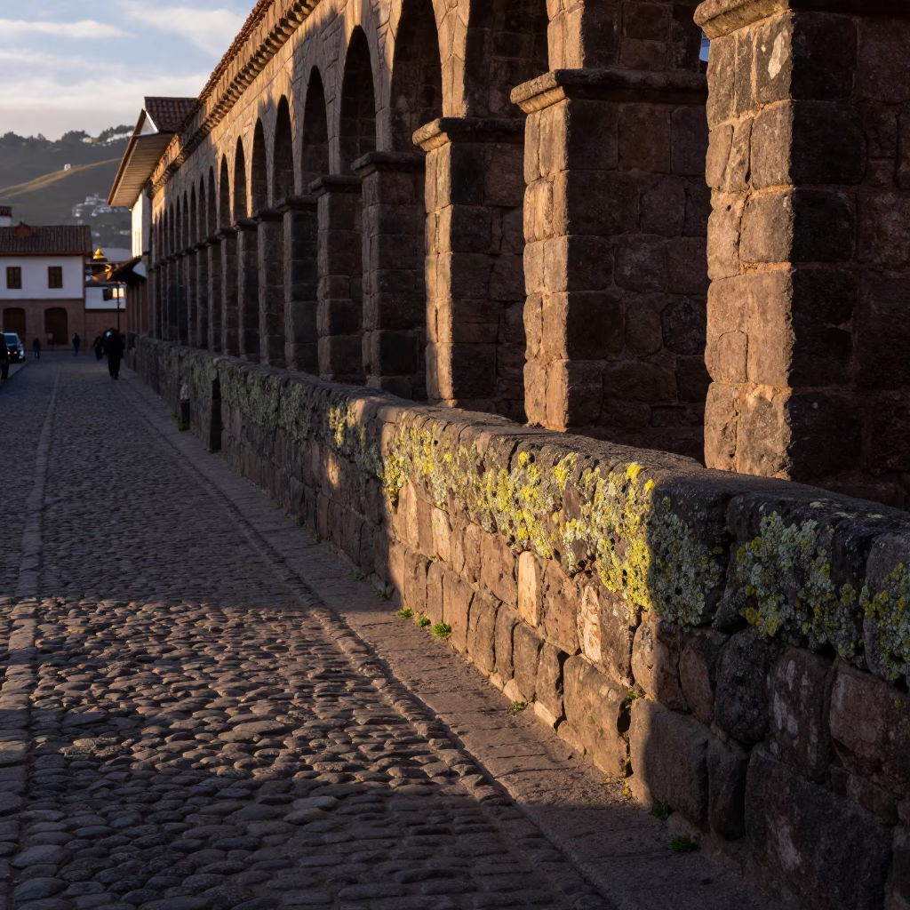 Dawn Light on Cusco Cobblestones Near Inca Aqueduct Lichen Parapets in in Cusco, Peru