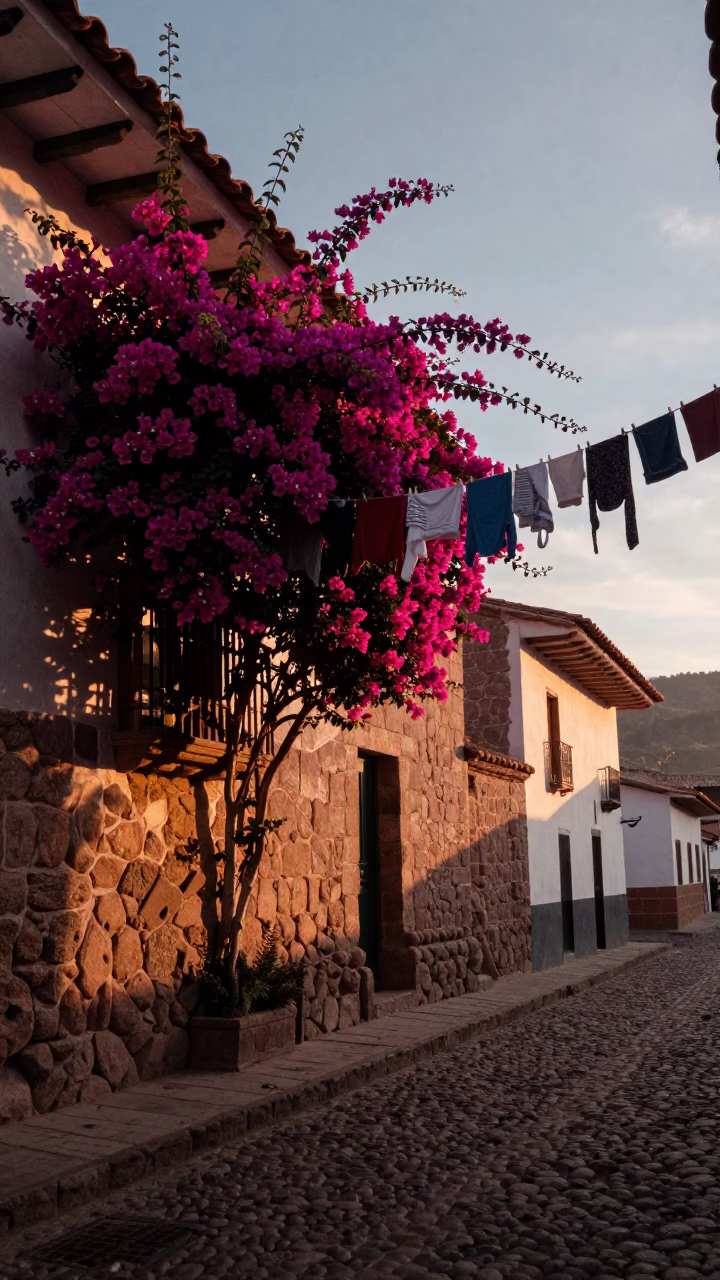Dawn light on Cusco cobblestones with bougainvillea and laundry lines in in Cusco, Peru