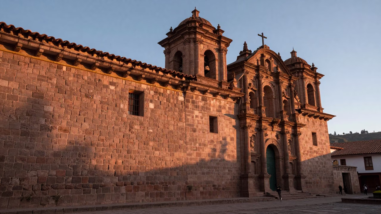 Dawn light on Cusco colonial stone walls with clay pottery and reed baskets in in Cusco, Peru