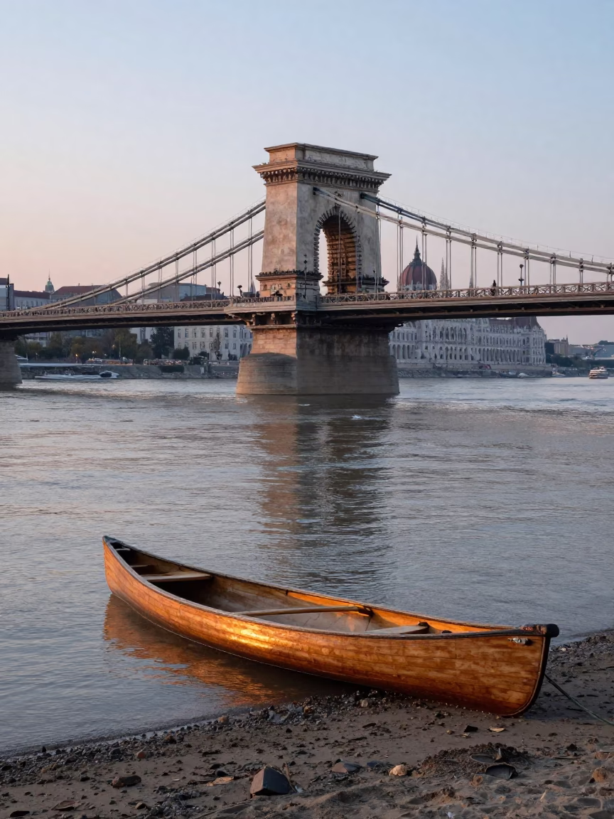 Dawn Light on Danube Bank Near Budapest Chain Bridge with Canoe in in Budapest, Hungary