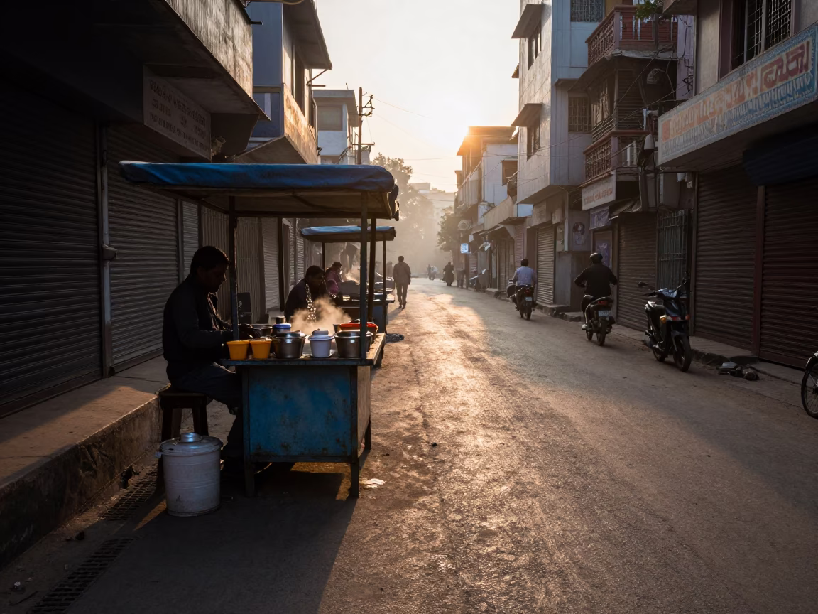 Dawn light on Delhi street vendor stall with tea stains and wooden hanger in in Delhi, India