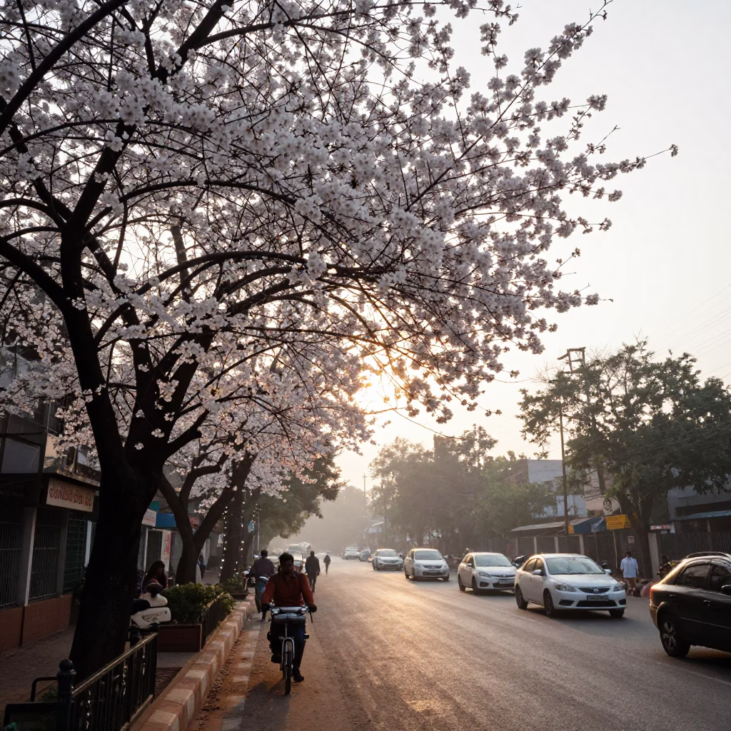 Dawn Light on Delhi Street with Cherry Blossoms and Vintage Basketball in in Delhi, India
