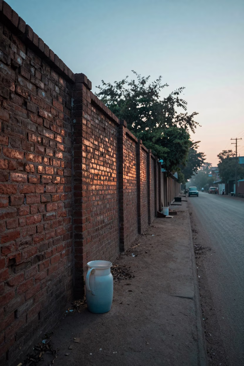 Dawn Light on Delhi Street with Cooler Jug and Skateboard Near Brick Wall in in Delhi, India