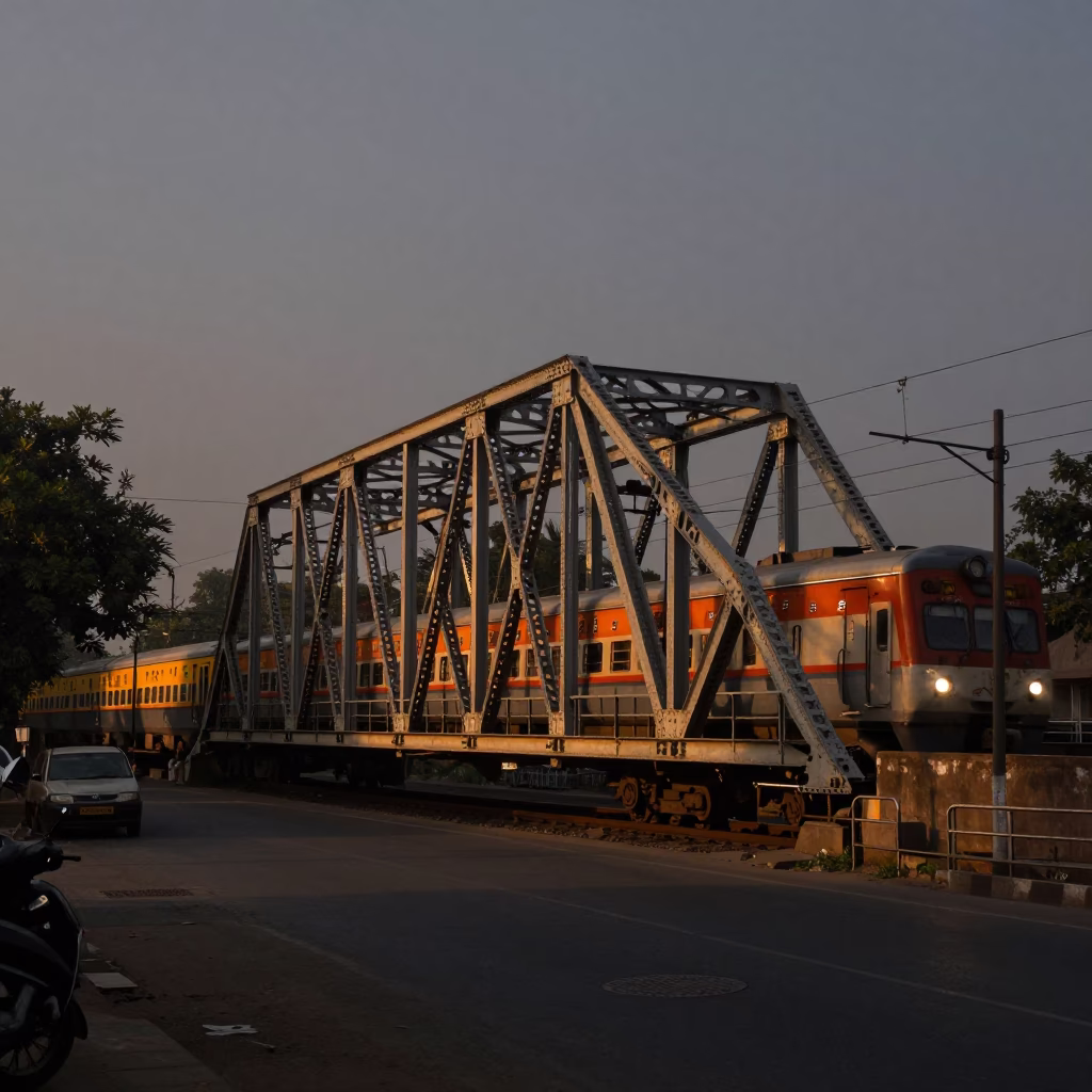 Dawn light on Delhi street with iron bridge and night train crossing in in Delhi, India