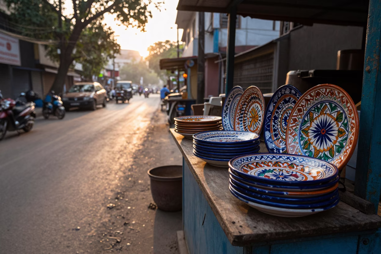 Dawn Light on Delhi Street with Majolica Plates and Brass Stool in in Delhi, India