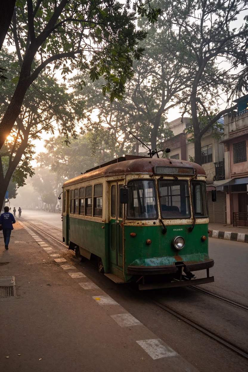 Dawn Light on Delhi Street with Vintage Trolley and Morning Commuters in in Delhi, India