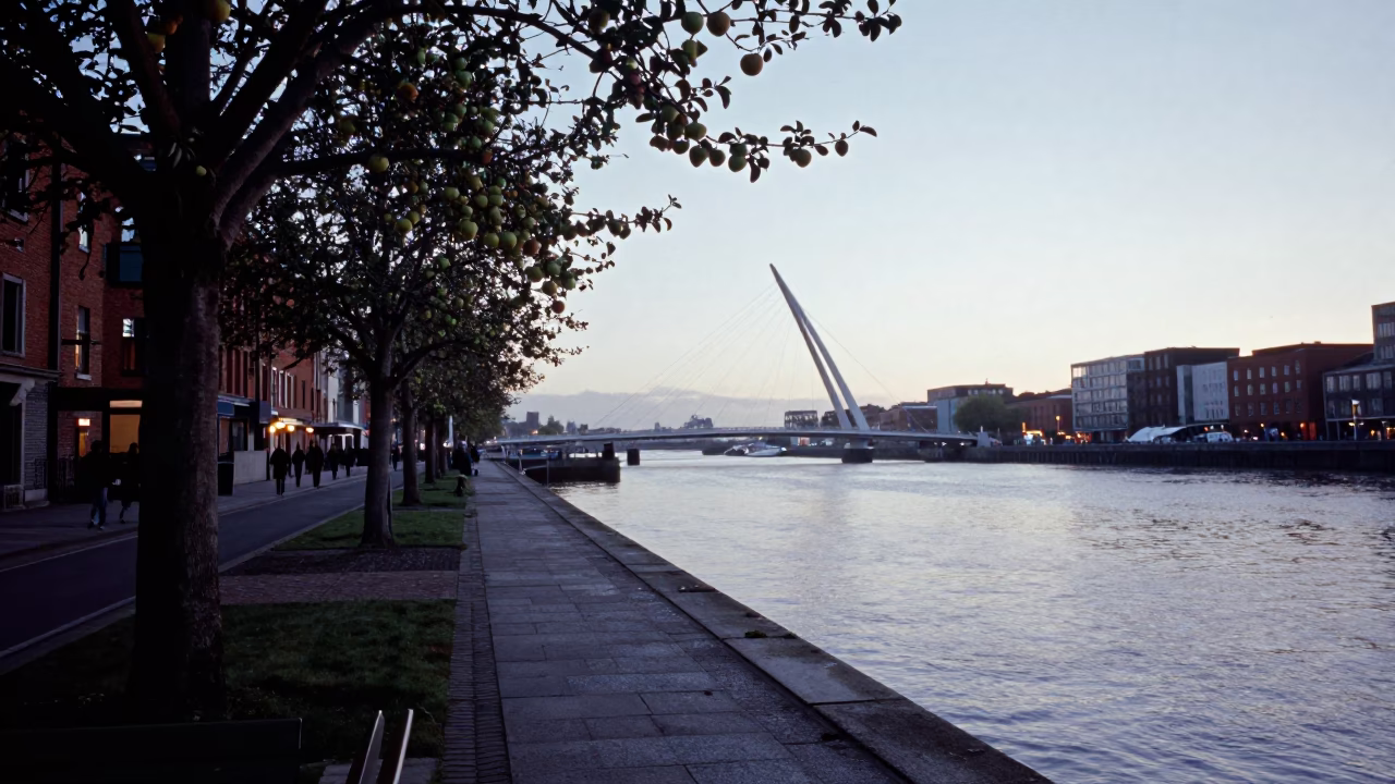 Dawn Light on Dublin Docklands Waterfront with Apples and Comb on Concrete in in Dublin, Ireland