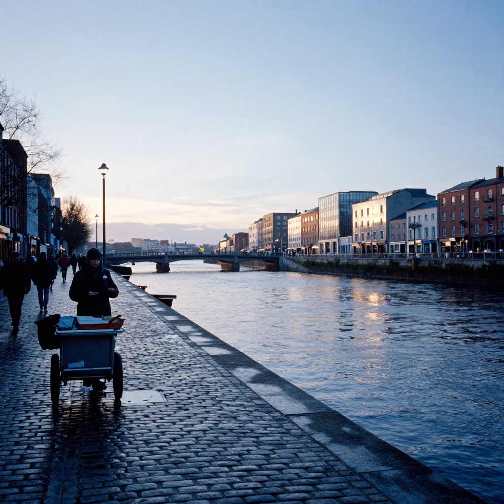 Dawn Light on Dublin's Liffey Quay with Watercolor Palette and Skillet Breakfast in in Dublin, Ireland
