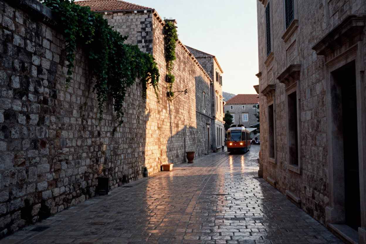 Dawn Light on Dubrovnik Cobblestones with Tram Reflection and Ivy Vines in in Dubrovnik, Croatia