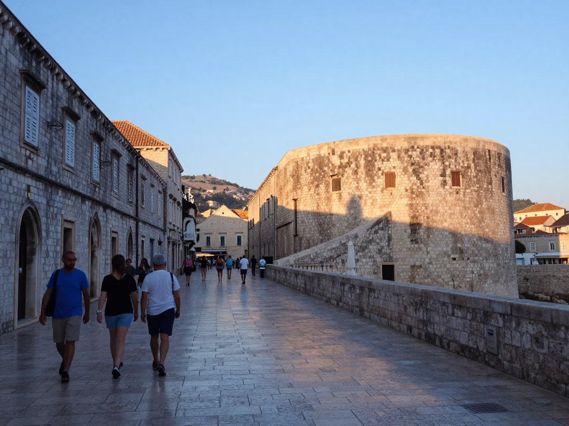 Dawn Light on Dubrovnik Old Town Stone Streets with Local Market Activity in in Dubrovnik, Croatia