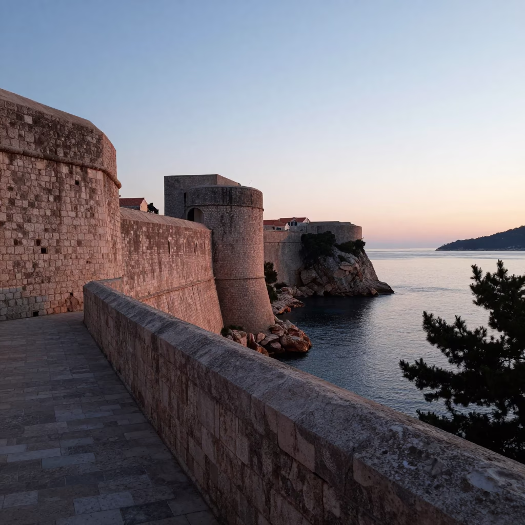 Dawn Light on Dubrovnik Old Town Stone Walls and Seaside Harbor in in Dubrovnik, Croatia
