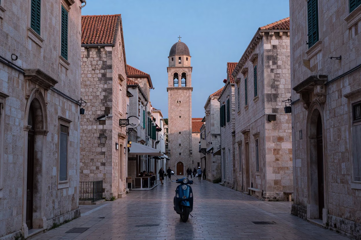 Dawn Light on Dubrovnik Old Town Streets with Scooter Passing Stone Walls in in Dubrovnik, Croatia