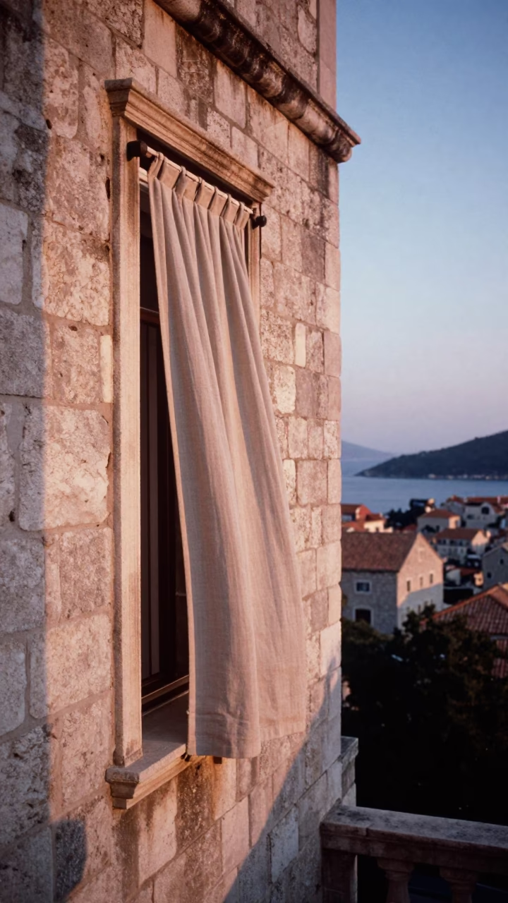 Dawn light on Dubrovnik stone walls with linen curtains and carafe on balcony in in Dubrovnik, Croatia