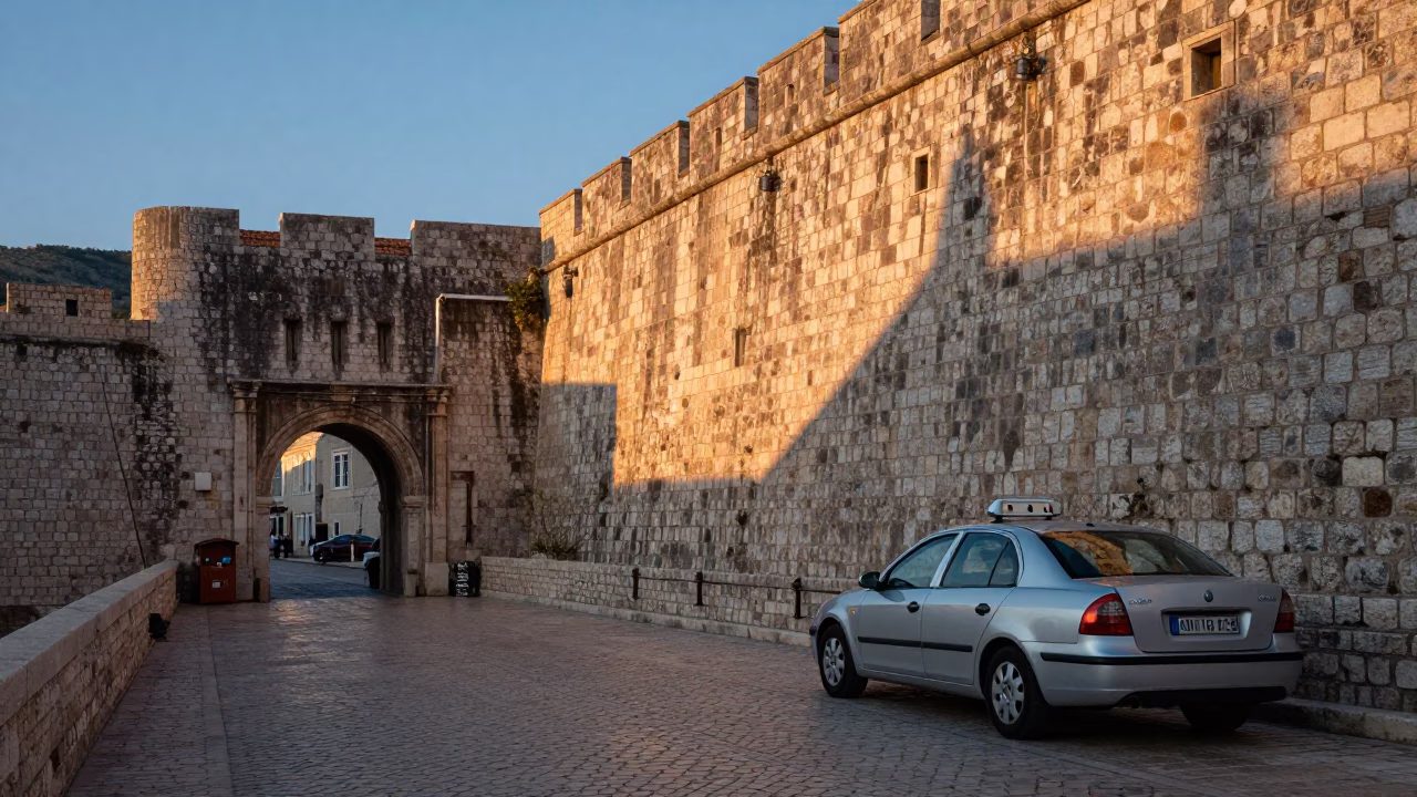 Dawn light on Dubrovnik stone walls with parked taxi near Pile Gate in in Dubrovnik, Croatia