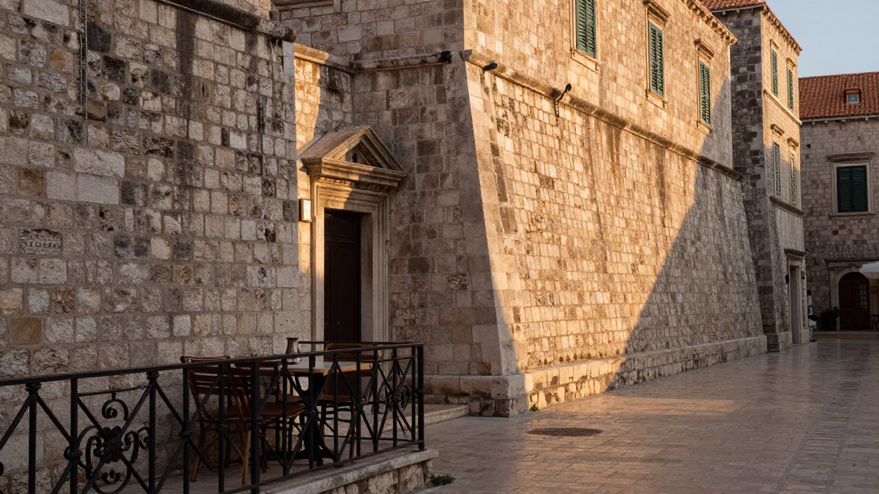 Dawn Light on Dubrovnik Stone Walls with Vintage Tea Stains and Local Morning Rituals in in Dubrovnik, Croatia