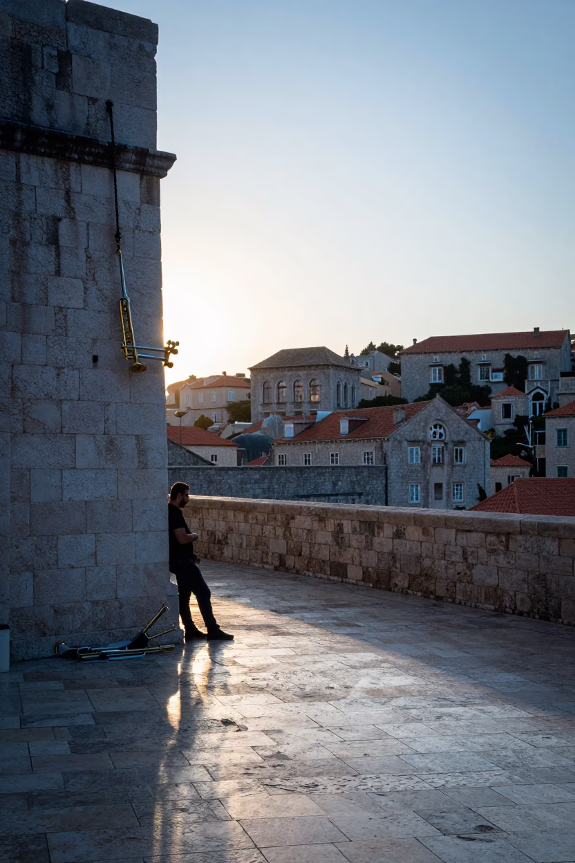 Dawn light on Dubrovnik stone with trumpet mute and kettle in in Dubrovnik, Croatia