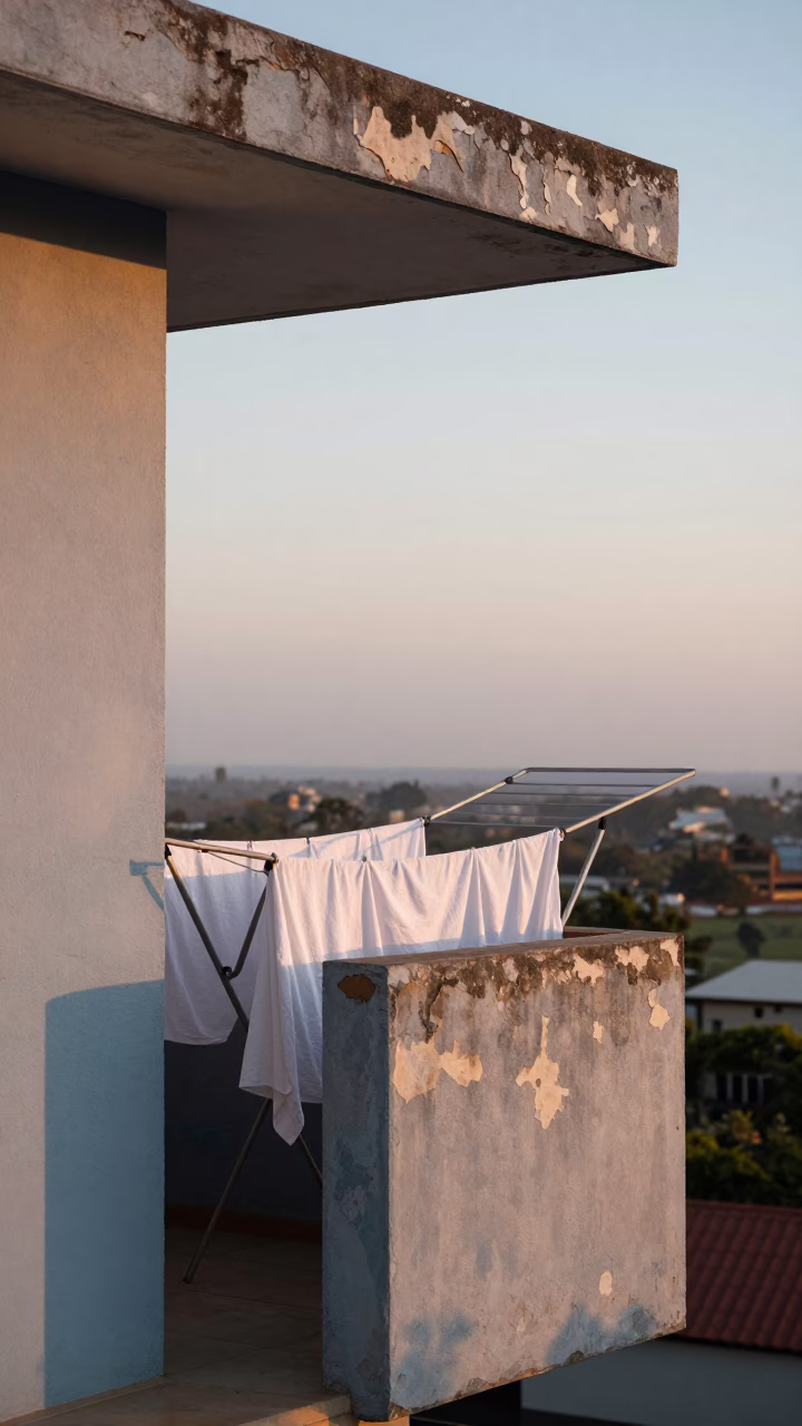 Dawn Light on Durban Balcony with Drying Laundry and Coastal Cityscape in in Durban, South Africa