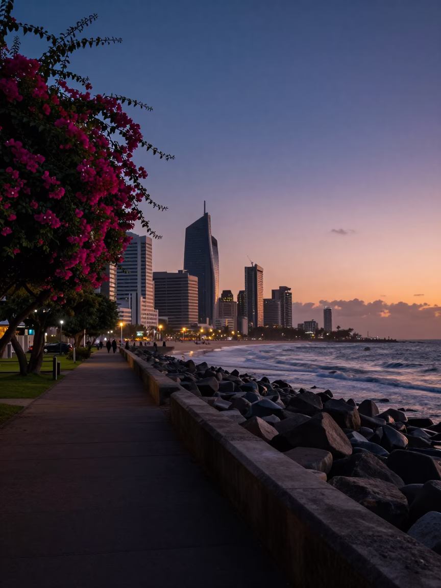 Dawn Light on Durban Beachfront Promenade with Bougainvillea and Driftwood in in Durban, South Africa