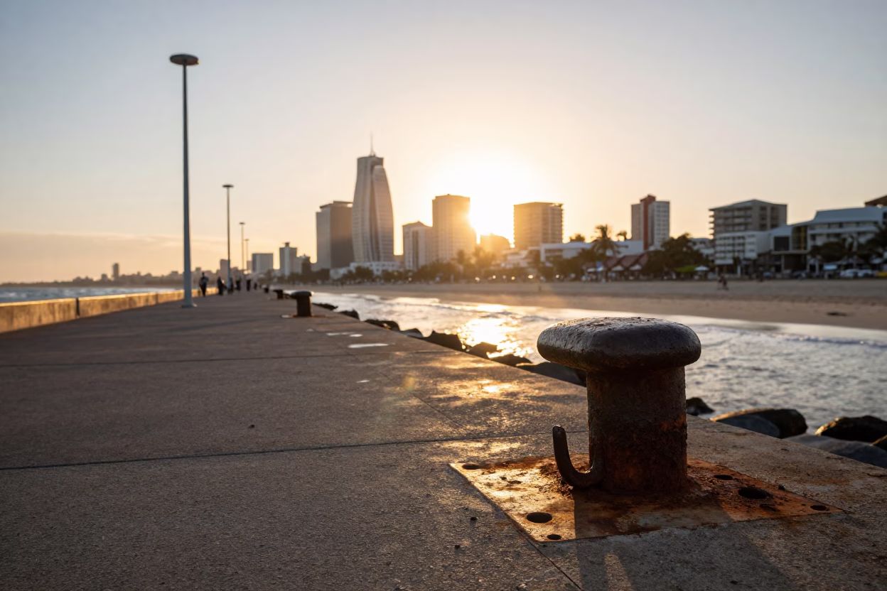 Dawn Light on Durban Beachfront Promenade with Iron Hook and Glass Jar in in Durban, South Africa