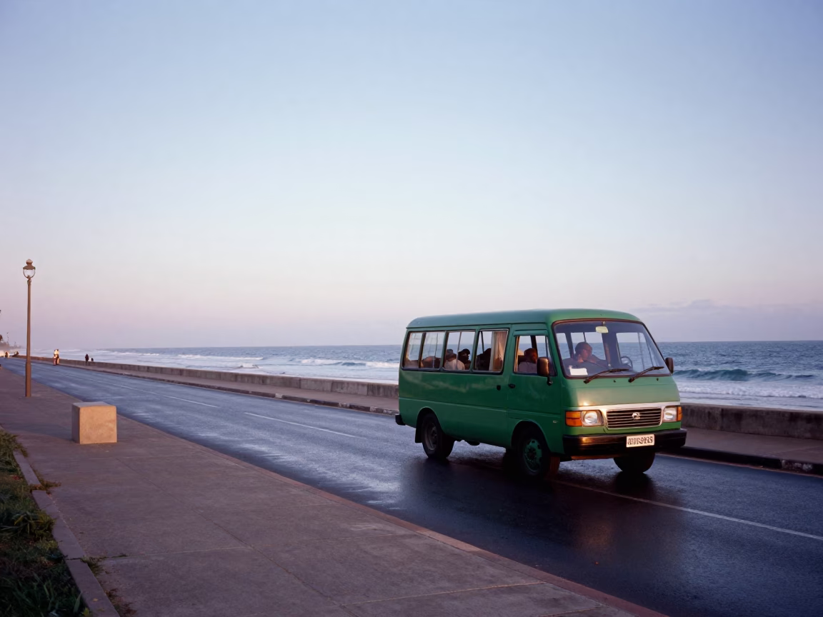 Dawn Light on Durban Beachfront Promenade with Matatu and Morning Commuters in in Durban, South Africa