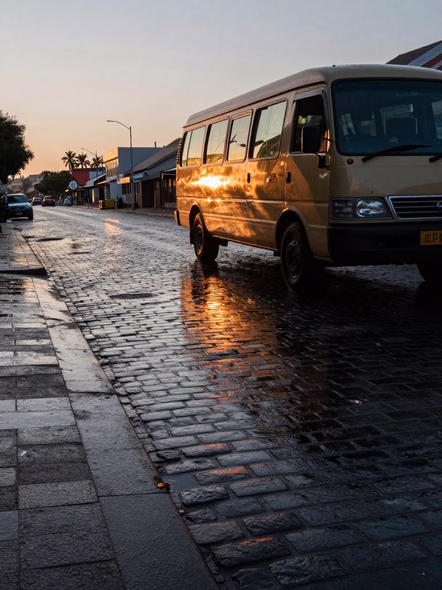 Dawn Light on Durban Cobblestones Reflecting a Minibus Taxi and Newspaper Stack in in Durban, South Africa