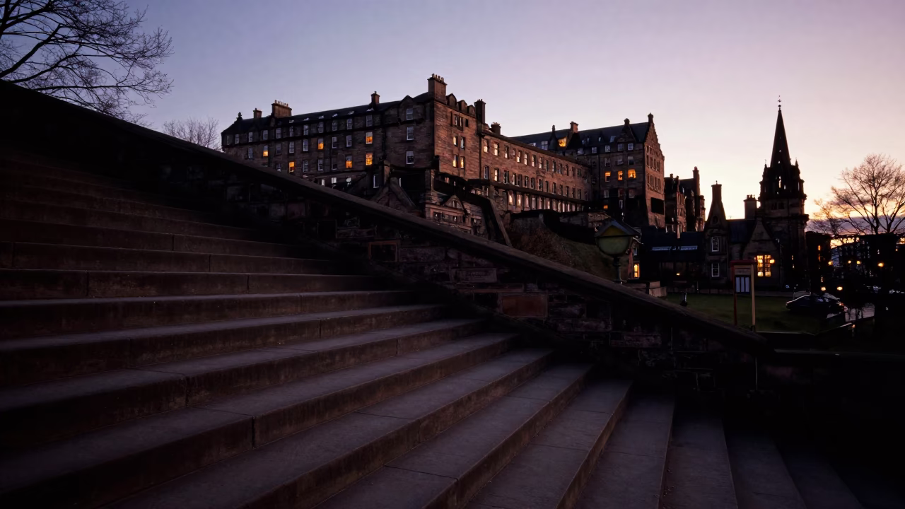 Dawn Light on Edinburgh Castle Stone Steps with Vintage Pocket Sundial and Hinge Detail in in Edinburgh, United Kingdom