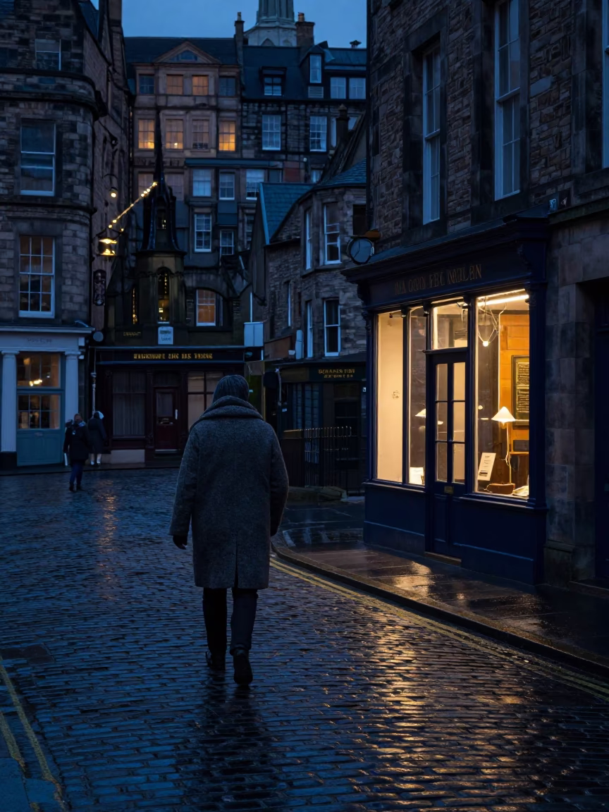 Dawn Light on Edinburgh Cobblestones Near Royal Mile with Vintage Shop Display in in Edinburgh, United Kingdom